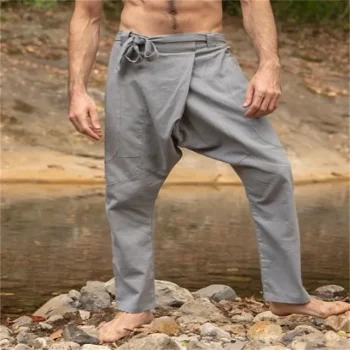 Men's Linen Pants Trousers Summer Pants Beach Pants Pocket Drawstring Plain Comfort Breathable Daily Holiday Vacation Hawaiian Boho Black White